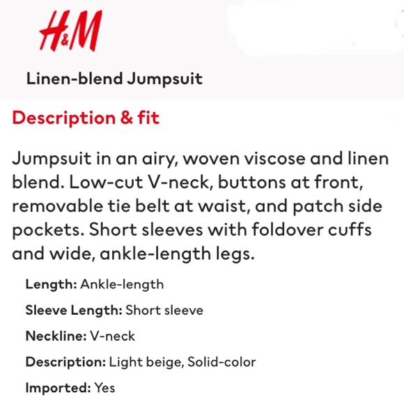 H&M Beige Linen Blend V Neck Button Front Jumpsuit Romper Size XL - Picture 16 of 16